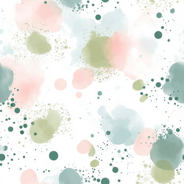 Seamless watercolor abstract wash pattern with soft pastel blots and dots.