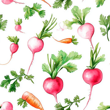 Seamless watercolor pattern with radishes, carrots and parsley.