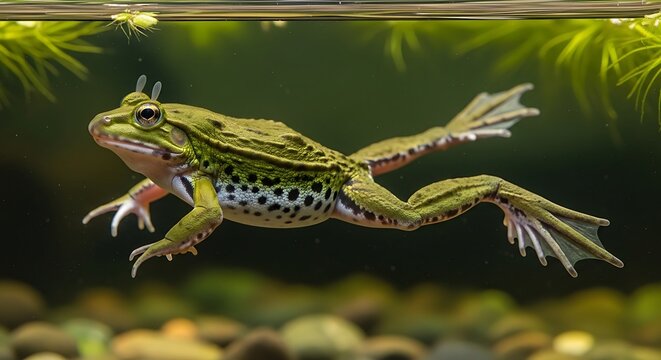 Green Frog Swimming Underwater Aquatic Life.