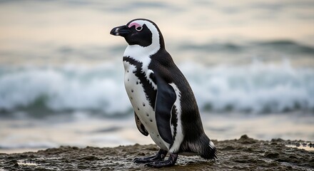 Obraz premium Penguin standing on rocky shoreline looking out.