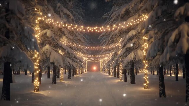 Snow-covered tree-lined pathway illuminated by festive string lights at night