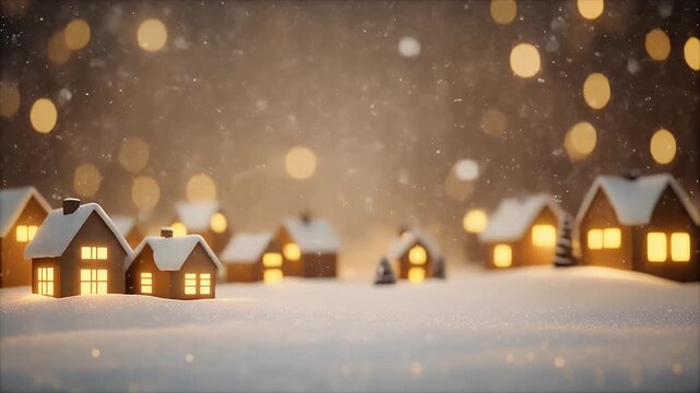 Cozy Snowy Village Night with Warm Glowing Lights and Falling Snowflakes