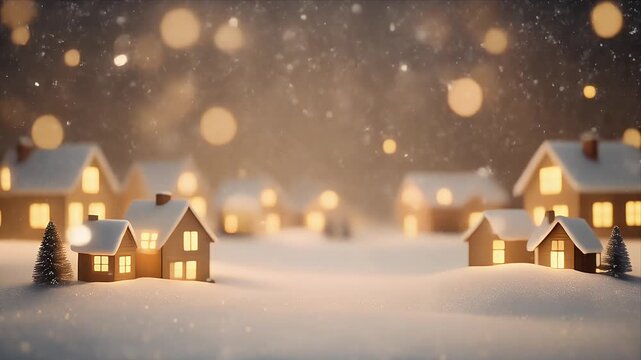 Cozy Snowy Village Night with Glowing Houses and Falling Snowflakes