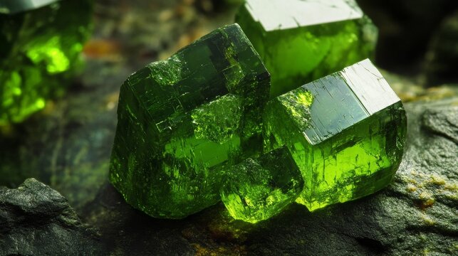 Macro of Raw Green Diopside Crystals on Natural Rock with Translucent Geometric Gemstone Textures
