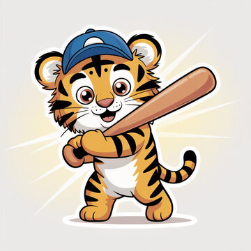 Tiger cub playing baseball sports action cute cartoon design
