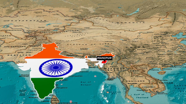 Focus on Manipur, India - Geopolitical Map Highlighting North East India.