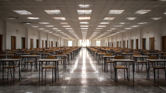 Large exam hall with rows of desks and bright overhead lighting.