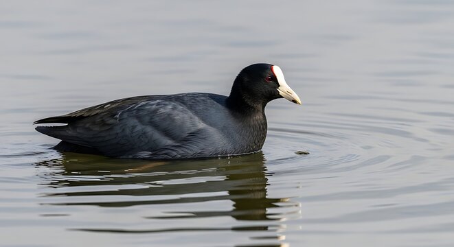 Coot swimming in calm water surface.