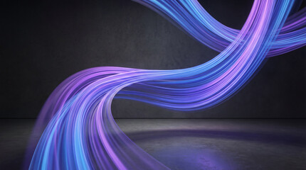 Dynamic abstract blue and purple light trails flowing elegantly through a dark, textured concrete space.