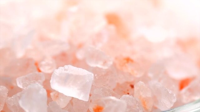 Himalayan salt background, pink Himalayan salt crystals close up. Pink coarse salt crystals macro shot, rotating backdrop.