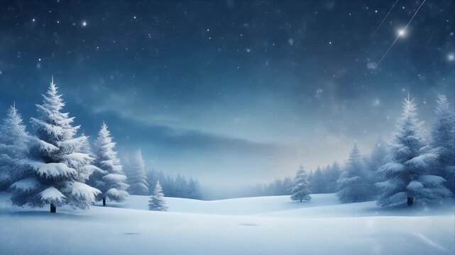 Snowy Winter Forest Night with Starry Sky and Foggy Moonlight Atmosphere