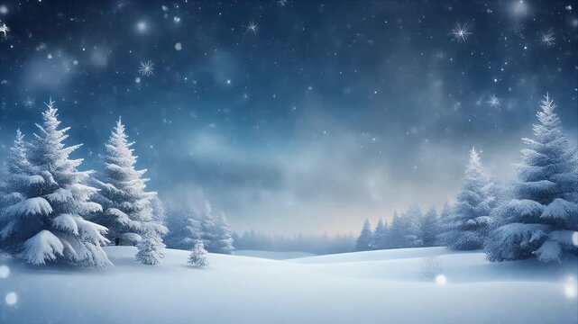 Snowfall Over Serene Winter Forest with Misty Atmosphere in Blue Twilight