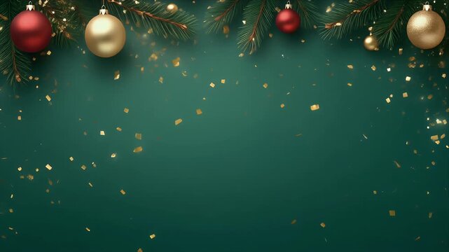 Christmas ornaments on dark green pine branches with golden glitter close up