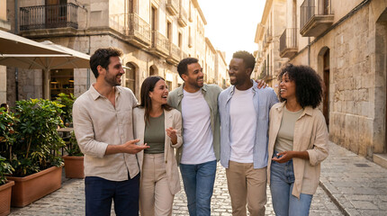 Fototapeta premium Group of diverse friends walking together on a cobblestone street, enjoying conversation and laughter in a charming urban setting with historic buildings