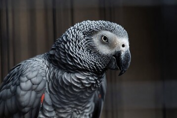 Obraz premium A gray African grey parrot is looking directly at the camera.