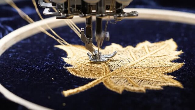 A sewing machine needle precisely embroiders a golden leaf pattern onto dark blue velvet fabric, showcasing intricate textile art creation