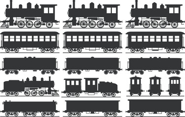 Collection of train silhouettes including locomotives, passenger cars, freight cars, cabooses, and boxcars, arranged in rows, isolated on white background for transport design concepts. © Abdul