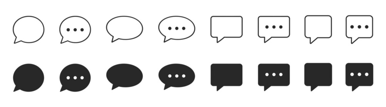 Chat message, speech bubble, comment, dialog, outline and filled icon set, minimal vector symbols for communication, UI and app design on transparent background