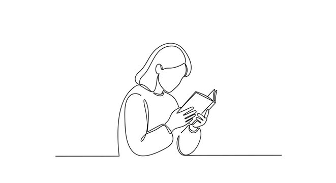 Minimalist continuous line drawing of a person reading a book, simple and elegant.