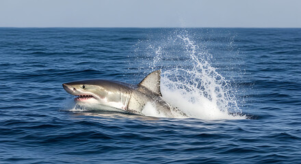 Fototapeta premium Great white shark breaching ocean surface, powerful marine predator in action