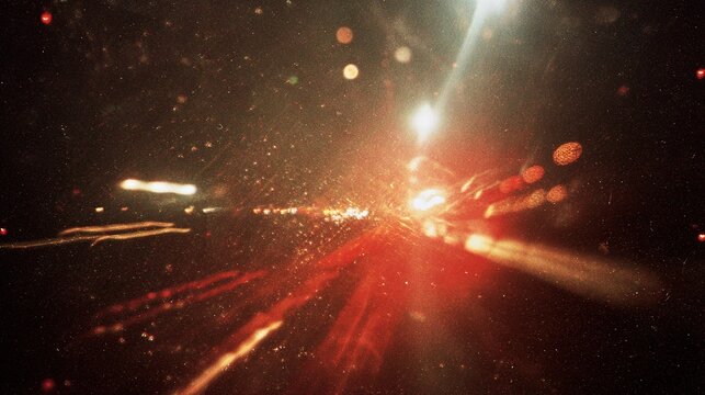 1990s retro flash photograph on Super 8 camera, red light through airplane window at night, sky lights with motion blur, dust and scratches texture, vintage film aesthetic from slow shutter speed