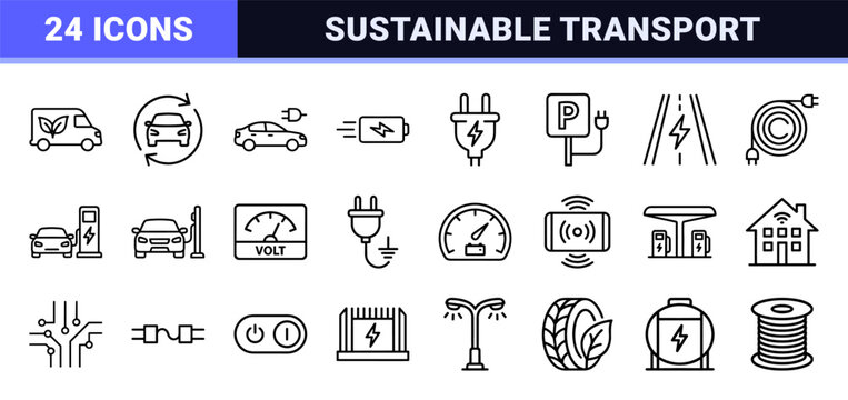 Electric Vehicle Charging Infrastructure and Renewable Energy Monoline Icons, Minimalist Geometric Line Art for Sustainable Transport