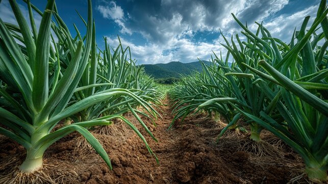 fresh green garlic scapes in farm rows with soil texture visible, organic farming, natural agricultural scene