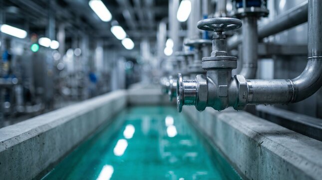 Industrial water purification system with series of pumps, filters. Clean blue liquid flows through pipes. Automated machinery monitors, controls water quality for public use. Modern infrastructure. 