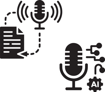 AI transcription, voice recognition, microphone icons, speech to text, audio analysis, vector graphics