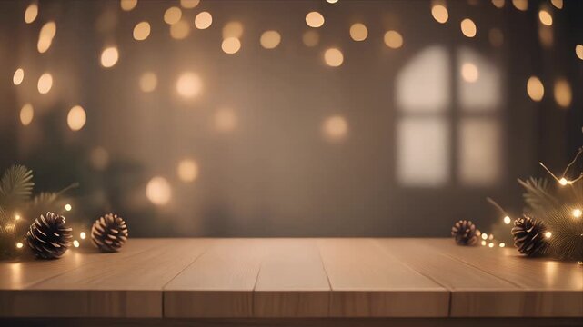 Cozy Warm String Lights Over Rustic Wooden Table with Pinecones and Greenery