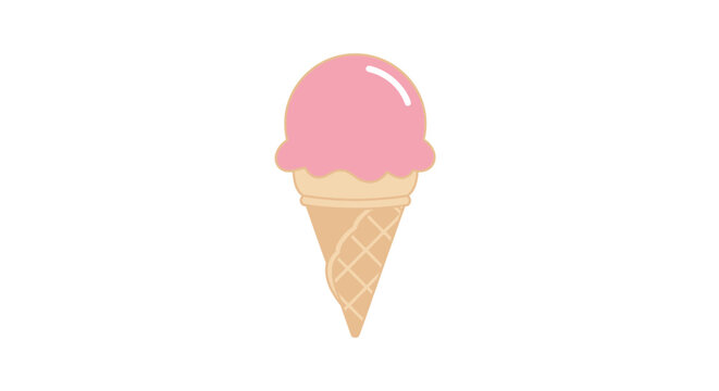 A pink ice cream scoop sits atop a waffle cone on a white background illustration.