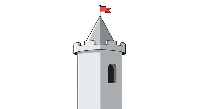 An illustration of a tall gray castle tower with a flag on top