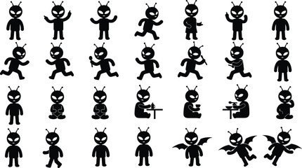 Cute alien silhouette set collection featuring extraterrestrial characters in various poses like running sitting eating and flying for science fiction space and galaxy themes © Moshaharul's World