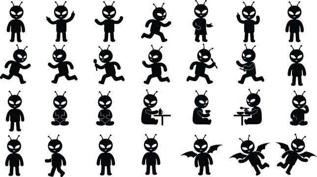 Cute alien silhouette set collection featuring extraterrestrial characters in various poses like running sitting eating and flying for science fiction space and galaxy themes