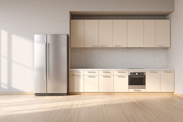 Fototapeta premium A modern kitchen features stainless steel appliances and light wood flooring.