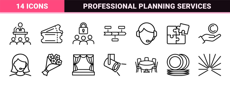 Professional Event Planning and Management Outline Icons Featuring Minimalist Monoline Geometric Line Art for Corporate and Social Occasions