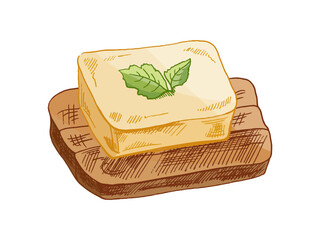 Hand drawn vintage sketch of butter block on bread slice with mint leaf dairy food illustration colored © Mariia Mazaeva