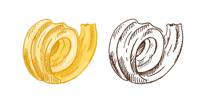 Hand drawn vintage sketch of butter curl dairy product spiral slice detailed food ingredient colored and monochrome set illustration