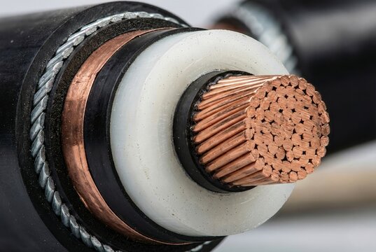 Close up of underground electrical cable cross section with stranded copper