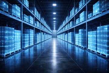Fototapeta premium Digital pallets in warehouse loading center show delivery and transportation with van and automobile logistics in futuristic storage space