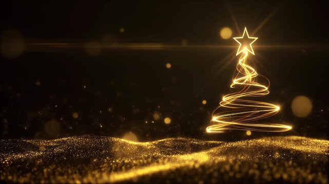 Glowing Christmas Tree Star Shining in Dark Night with Bokeh Lights Background