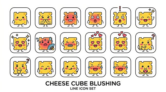 Playful cheese cube characters express a range of cute emotions in a fun icon set.