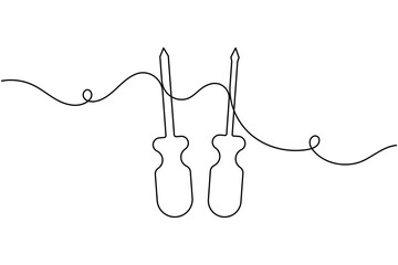 Obraz premium Two screwdrivers icon continuous one line art single drawing on white background minimal repair tools symbol outline vector illustration