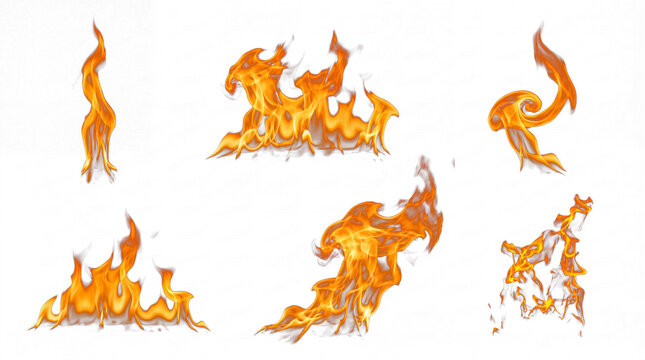 Set of six vibrant realistic fire flames isolated on a transparent background.