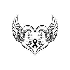 Fototapeta premium Symmetrical winged horses create a heart symbol with a black ribbon