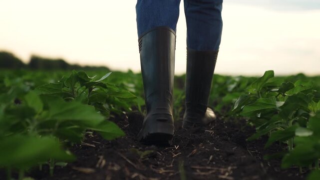 Agriculture, Walk through agricultural rows in black boots, Careful steps taken among young sprouts, Sustainable farming on fertile land, Preparing the field for another season, Close look at nature s
