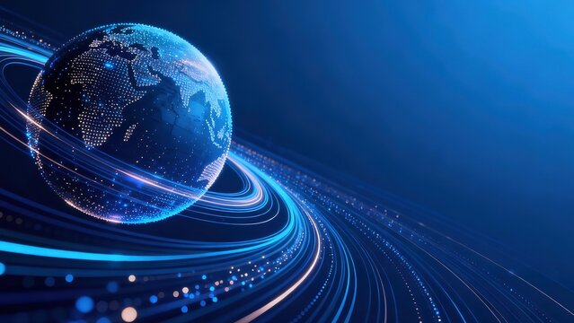 Futuristic Tech Deep Blue Gradient Background, Particle Planet on Left Surrounded by Flowing Particle Light Bands, 8K Ultra Clear Wireframe Composition, Premium OC Render C4D Press Conference Visual