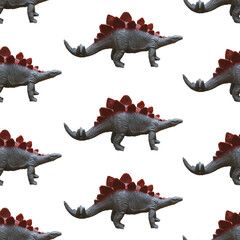 Grey stegosaurus toy figures and red plates seamless pattern background © Shootdiem