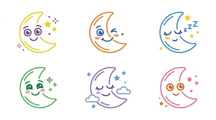 Fototapeta premium Adorable crescent moons with happy, sleepy, and winking expressions set against a white background.