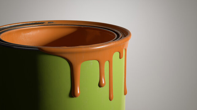 Vibrant orange paint dripping from a green paint can, representing home renovation, diy projects, creative work, house painting, and interior design progress, copy space